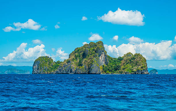 istock Scenic view on green rocky island 490068033