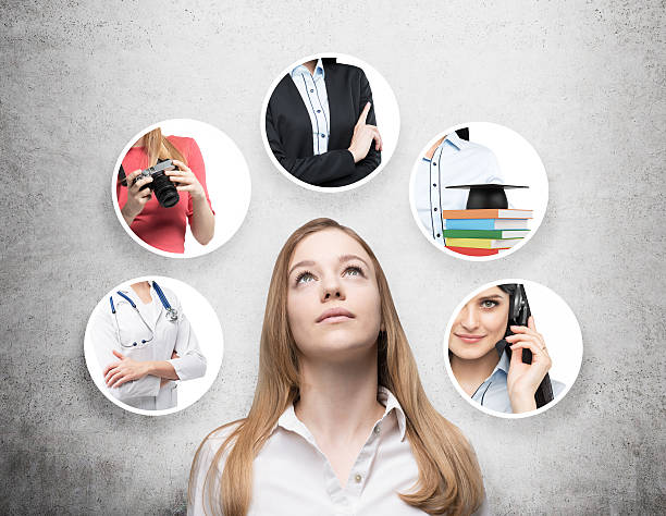 istock lady in a formal shirt is thinking about different professions 490069536