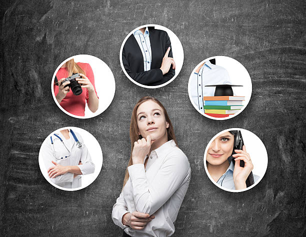 istock lady in a formal shirt is thinking about different professions 490069582