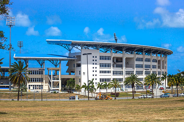 North Sound, Antigua and Barbuda - March 19, 2015: View from the road to Sir Vivian Richards Stadium. It was built for the 2007 Cricket World Cup.