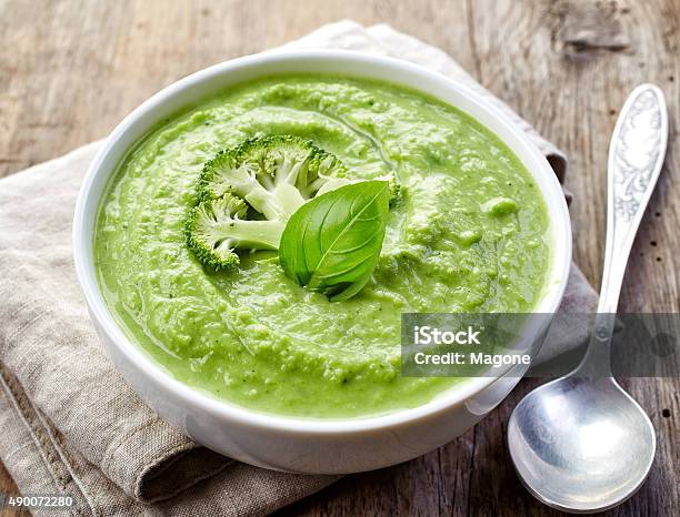 Broccoli And Green Peas Soup Stock Photo - Download Image Now - 2015, Appetizer, Basil