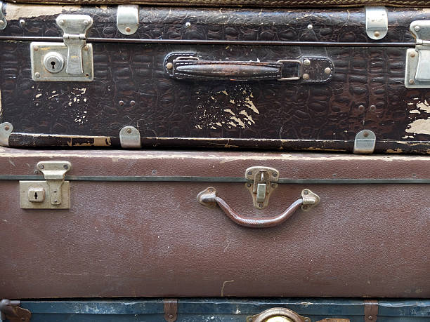 istock Vintage travel valises with leather name tags blanks 490073192