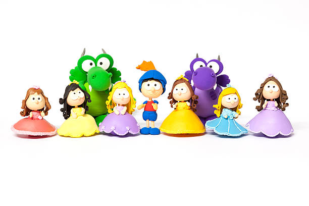 Prince, princesses and dragon on white