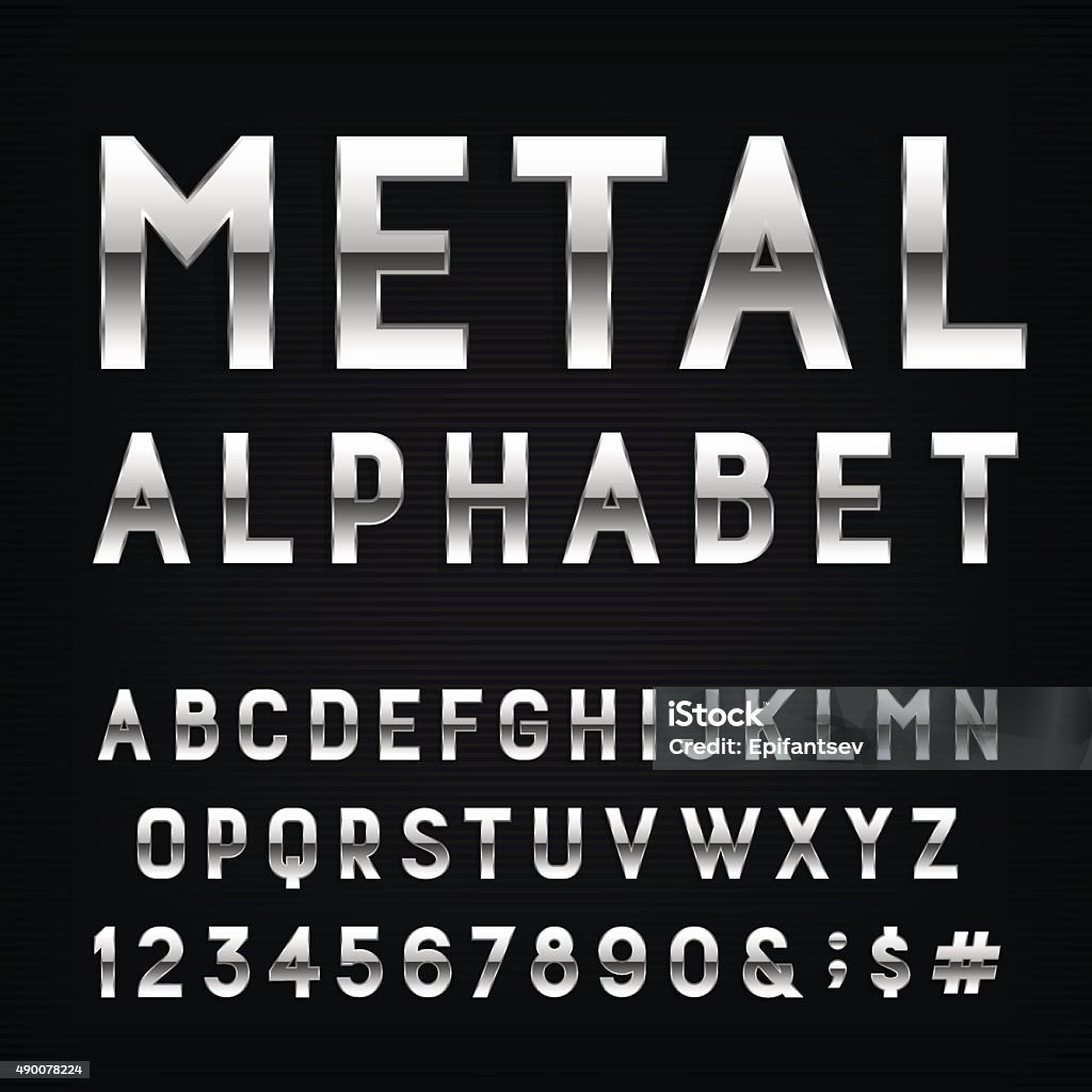 Metal Alphabet Vector Font. Metal Alphabet Vector Font. Type letters, numbers and punctuation marks. Chrome effect letters on dark background. Vector typeset for headlines, posters etc. Metal stock vector