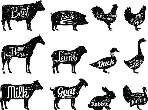 Farm Animals Silhouettes Collection, Butchery Labels Templates Set of butchery labels templates. Farm animals with sample text. Retro styled farm animals silhouettes collection for groceries, meat stores, packaging and advertising. rabbit game meat stock illustrations