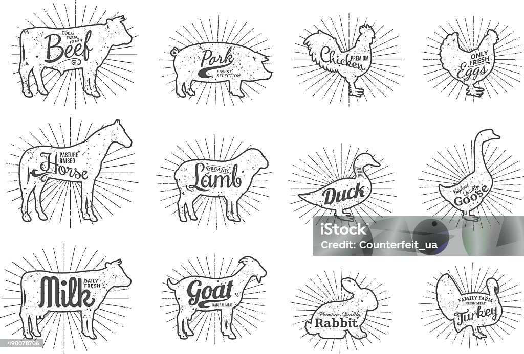 Animaux de la ferme silhouette Collection, pièces de viande étiquettes des modèles - clipart vectoriel de Volaille domestique libre de droits