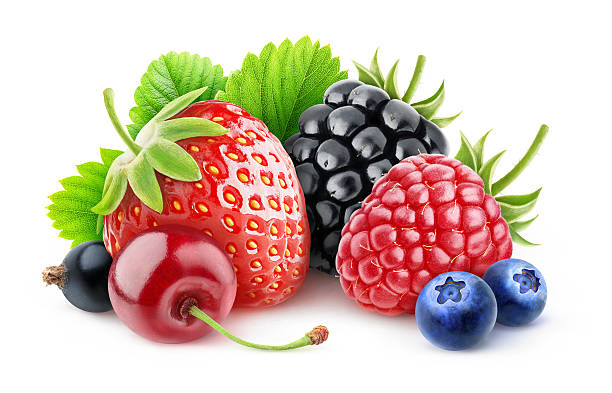 Various summer berries over white background with clipping path More like this: dewberry stock pictures, royalty-free photos & images