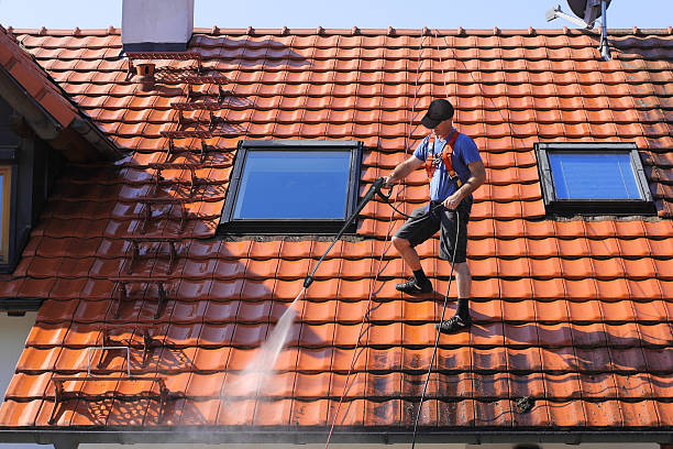 Roof cleaning with high pressure Worker is cleaning the roof and rainwater gutter with high pressure. house residential structure roof rooftiles stock pictures, royalty-free photos & images