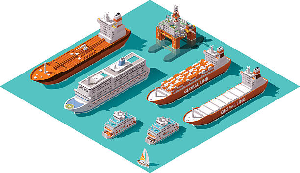 Vector isometric ships and oil rig Isometric icons representing nautical transport industrial ship stock illustrations