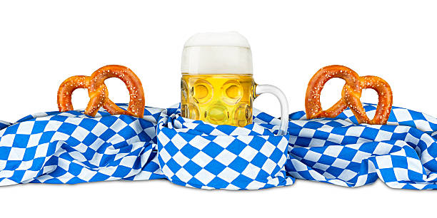 bavarian flag pretzel and beer german Beer Fest beer mug and pretzel in bavarian flag large german beer steins stock pictures, royalty-free photos & images