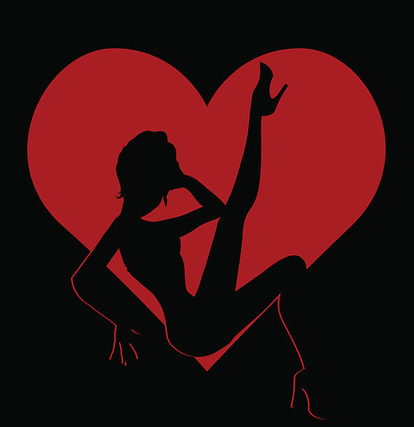 Shadow silhouette of hot girl in red heart Vector black silhouette of sexy pin-up girl in red heart frame on black background, Valentine theme illustration 40s pin up girls stock illustrations