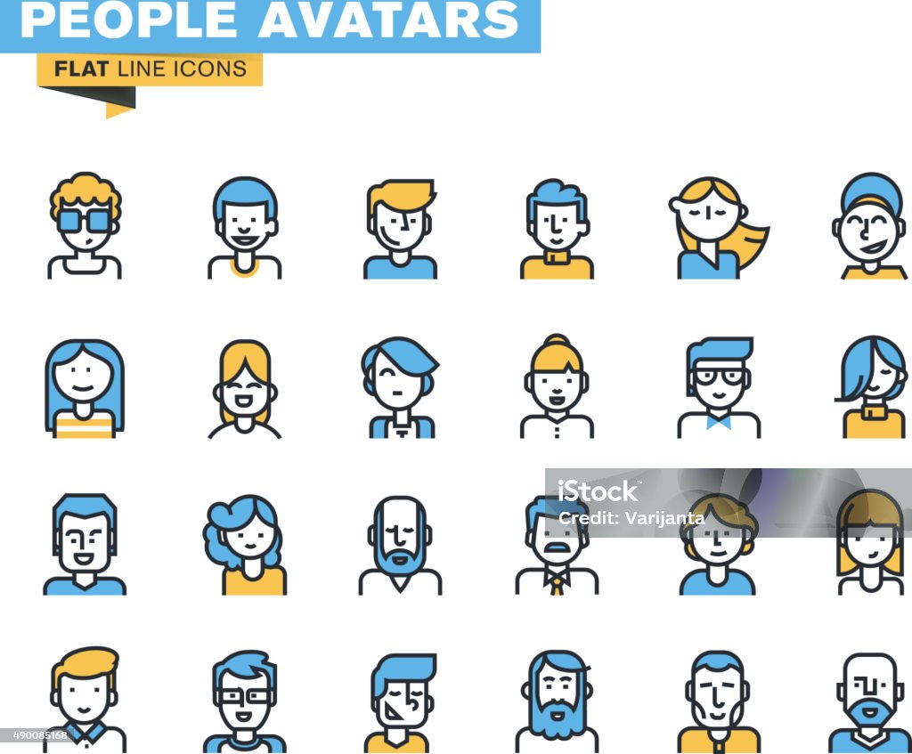 Flat line icons set of people stylish avatars Flat line icons set of people stylish avatars for profile page, social network, social media, different age man and woman characters, professional human occupation. Avatar stock vector