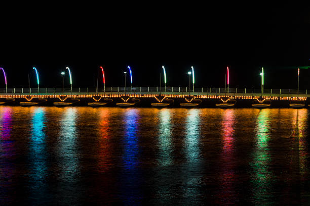 Pontoon bridge at night stock photo