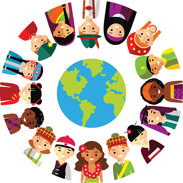 ilustraciones, imágenes clip art, dibujos animados e iconos de stock de vector ilustración de niños multiculturales nacionales, personas en el planeta tierra - middle eastern ethnicity illustrations