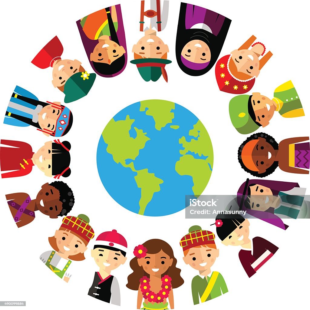 Vector illustration of multicultural national children, people on planet earth Set of international people in traditional costumes around the world Child stock vector