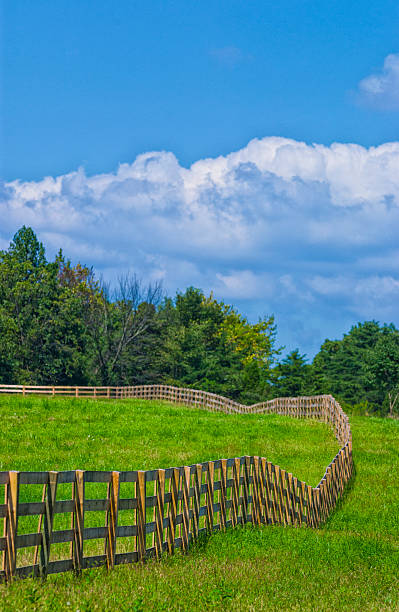 istock New 4 board fence in grass pasture 490104442