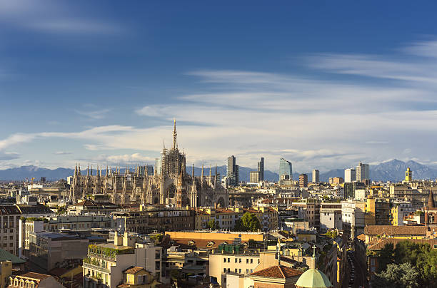 Milan, 2015 panoramic skyline with alps on background stock photo