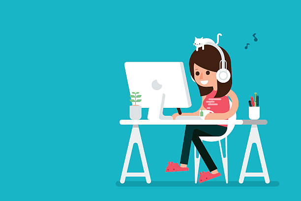 Happy woman working on computer. Happy woman working on computer, flat design cartoon. designer stock illustrations
