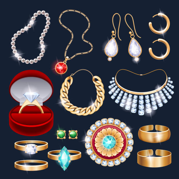 illustrazioni stock, clip art, cartoni animati e icone di tendenza di realistiche icone set di gioielli e accessori - gold jewelry earring bracelet