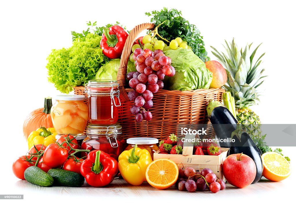Composition with organic food isolated on white Composition with organic food isolated on white background. Balanced diet Apple - Fruit Stock Photo