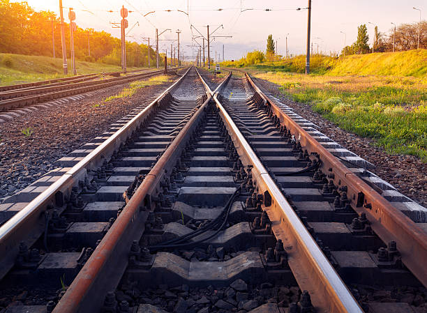 istock Cargo train platform at sunset. Railroad in Ukraine. Railway 490110314