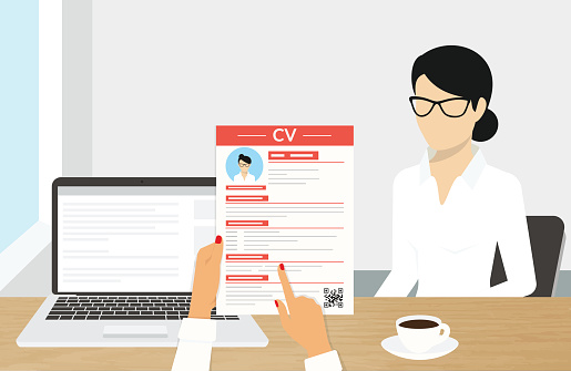 Realistic desktop design with CV presentation. Illustration of business interview with an employee