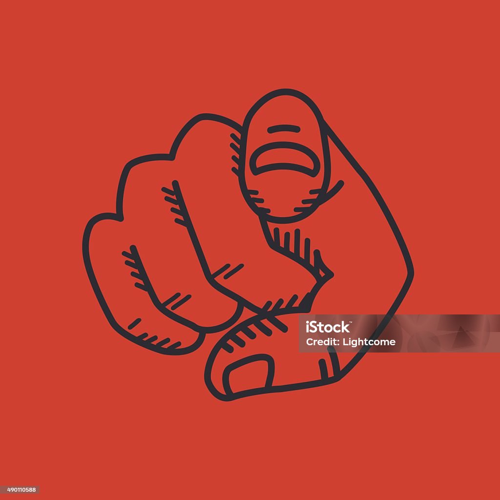 Finger pointing Retro human hand with the finger pointing or gesturing towards you. Isolated on red background Pointing stock vector