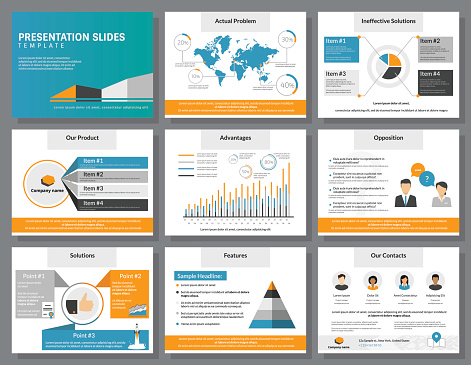 Business infographics presentation slides template with flat illustrations of people, consulting, diagrams and chart