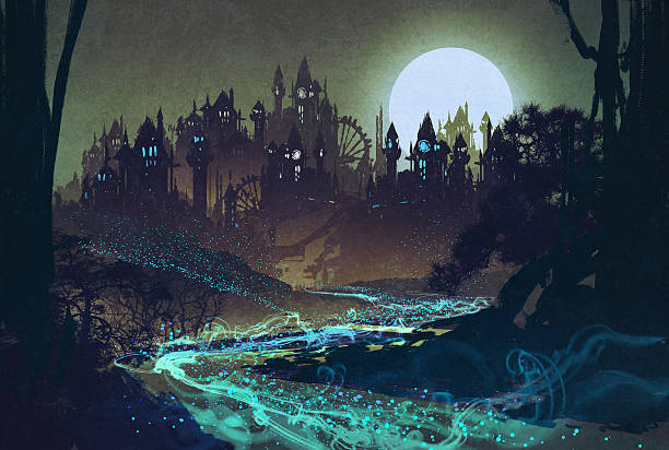 ilustrações de stock, clip art, desenhos animados e ícones de paisagem com rio misteriosa, lua cheia sobre castelos - paintings landscape fairy tale painted image