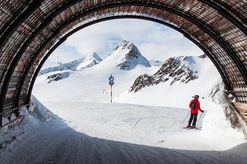 Ski tunnel joining Rettenbach and Tiefenbach Glaciers in Solden ski resort, Austria