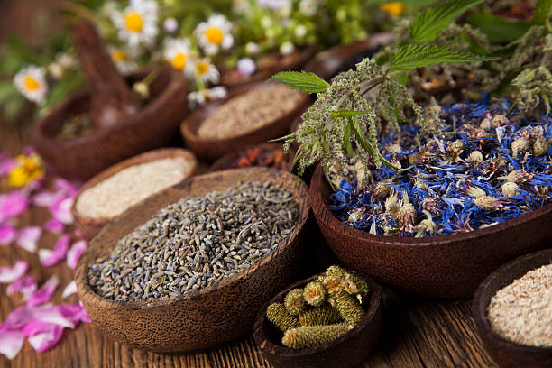 istock Natural remedy, mortar and herbs 490112670