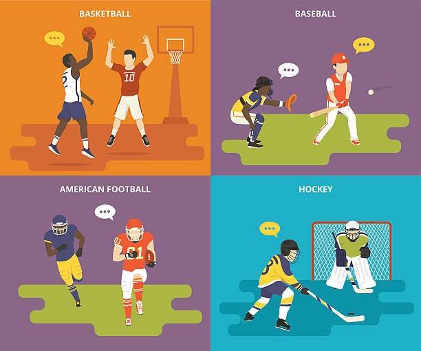 ilustraciones, imágenes clip art, dibujos animados e iconos de stock de plano de conjunto de iconos de deporte - american football playing touchdown team sport