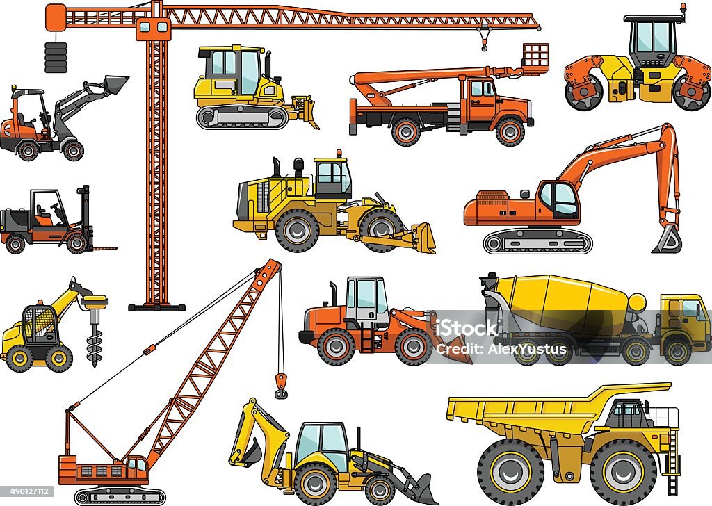 Set of heavy construction machines. Vector illustration Silhouette illustration of heavy equipment and machinery Construction Industry stock vector