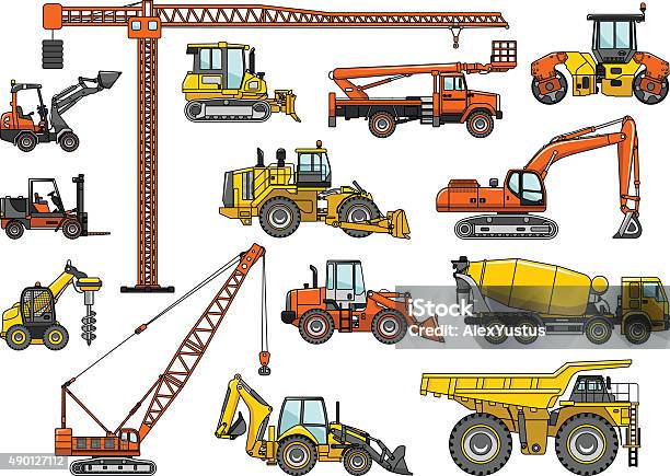 Set Of Heavy Construction Machines Vector Illustration Stock Illustration - Download Image Now