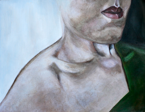 Acrylic painting on canvas paper of close-up of woman's lips and collar bone with green shirt off one shoulder.