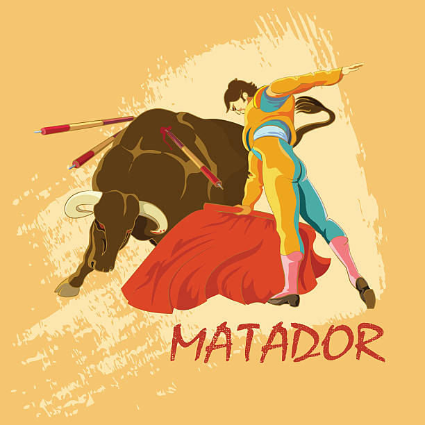 The deadly confrontation matador and the bull in the arena. Walking bullfights. Illustration for posters, tickets for bullfights, clearance bars, restaurants and sports facilities. bullfighter stock illustrations