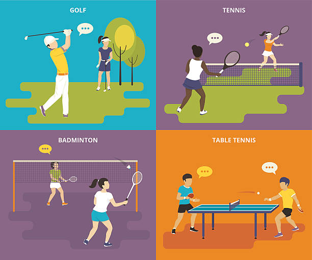 Flat sport icons set Flat sport icons set of boy plays golf, young women are playing tennis and badminton, two guys take part in a table tennis competition ping pong table stock illustrations