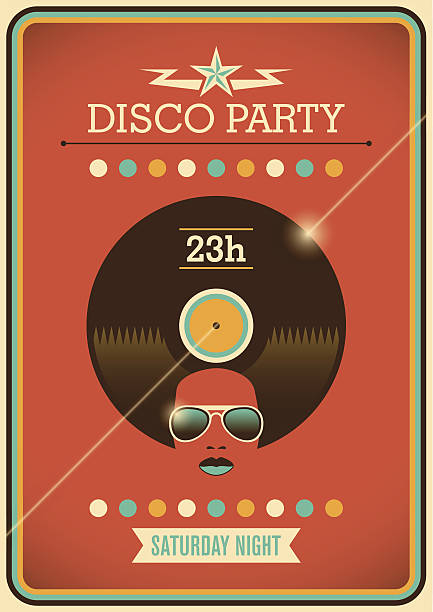 illustrazioni stock, clip art, cartoni animati e icone di tendenza di retrò festa in discoteca poster con elementi di design. - music women disco joy