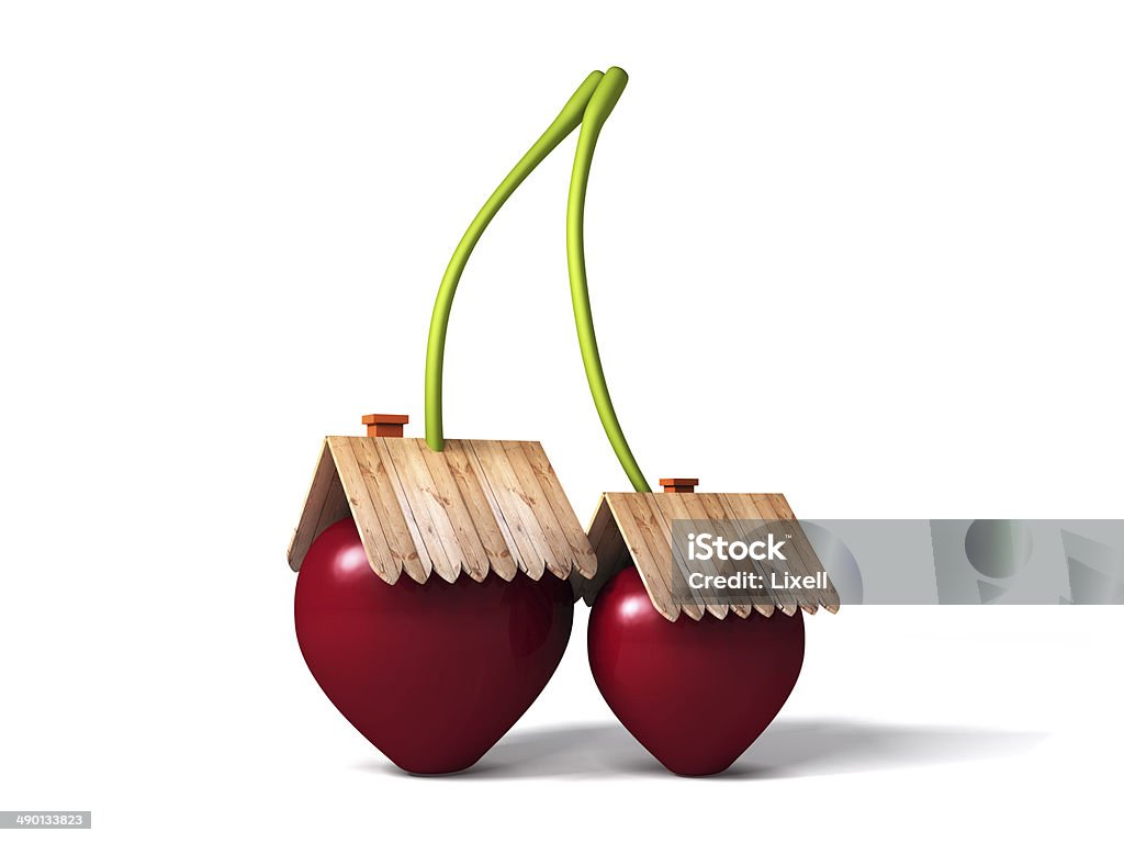 Cherry stylized house Burgundy cherries with roofs at home on white background Abstract Stock Photo