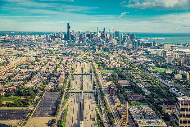 istock Aerial view through Chicago Downtown with higway 490134208