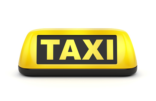 Yellow taxi automobile sign isolated on white background