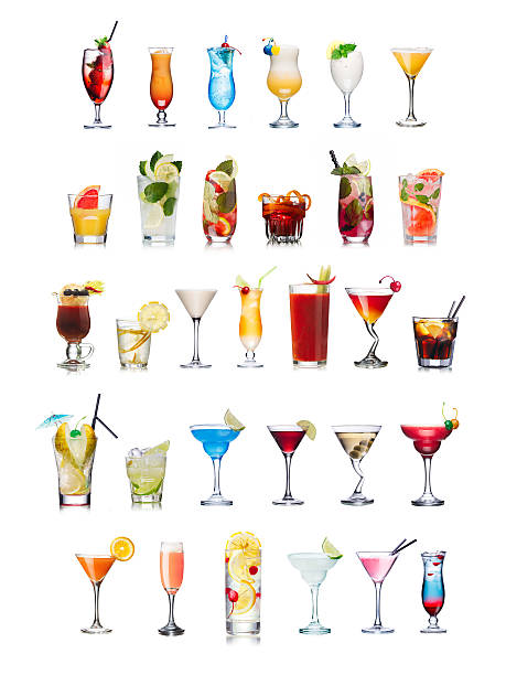 Popular alcoholic cocktails isolated on white Set of isolated cocktails and mocktails with fruits in highball glasses. Garnished, decorated, colorful, clean,vivid colors. World popular hurrican stock pictures, royalty-free photos & images