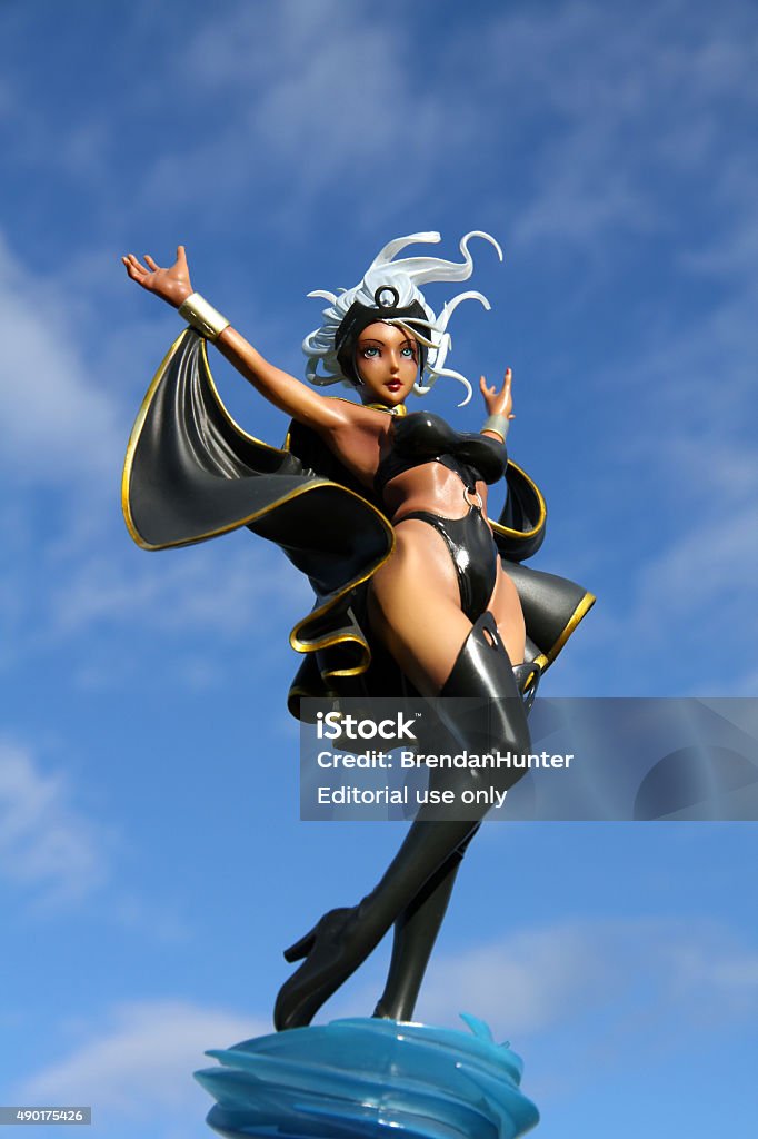 Ororo Munroe Vancouver, Canada - September 22, 2015: A model of the X-Men character Storm against the English Bay landscape in Vancouver. The model is from the Bishoujo collection from Kotobukiya 2015 Stock Photo