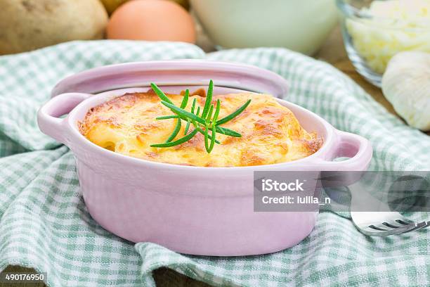 Potato Gratin In Ceramic Mini Cocotte Stock Photo - Download Image Now - Casserole, Prepared Potato, 2015