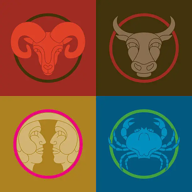 Vector illustration of Colorful signs of zodiac (Aries, taurus, gemini and cancer)