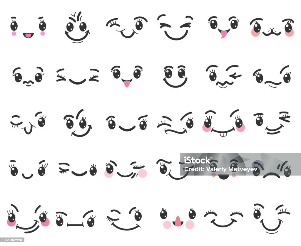 Cartoon kawaii emoticons Cartoon kawaii emoticons. Cute character happy face icon, emotion funny expression, vector illustration 2015 stock vector
