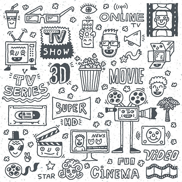 illustrations, cliparts, dessins animés et icônes de émissions de télévision, films et séries drôle doodle vector ensemble. - smiley face audio