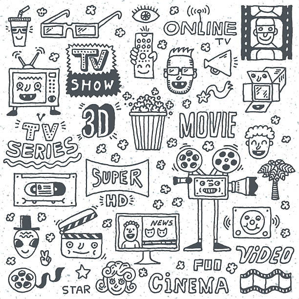 TV Shows, Series and Movies Funny Doodle Vector set. TV Shows, Series and Movies Funny Doodle Vector set. Hand drawn illustration pattern. movie drawings stock illustrations