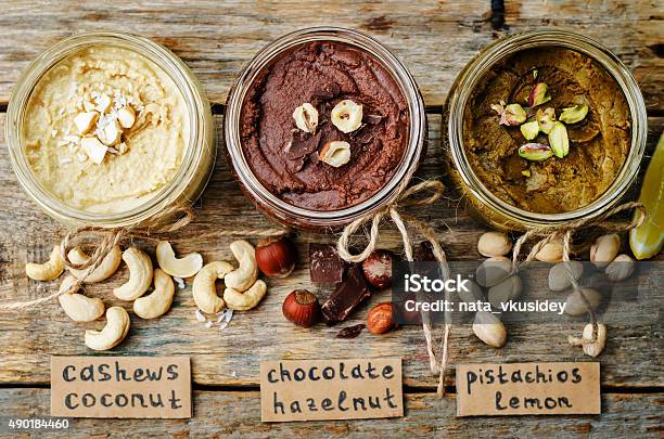 List Toasted Nut Butters Pistachio Hazelnut And Cashew Stock Photo - Download Image Now