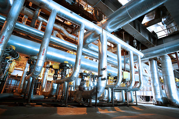 istock Industrial zone, Steel pipelines in blue tones 490184706